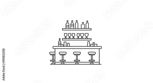 Minimalist Line Art Depiction of a Well-Stocked Bar with Bottles and Glasses Displayed on Shelves