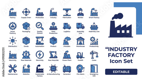 smart factory solid icon collection, industrial production robotics artificial intelligence supply chain management and sustainable manufacturing flat vector design.