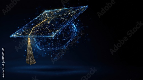 A digital depiction of a graduation cap, with glowing connected nodes, representing academic achievement and higher education. ..Created with Generative AI, not depicting real subjects.