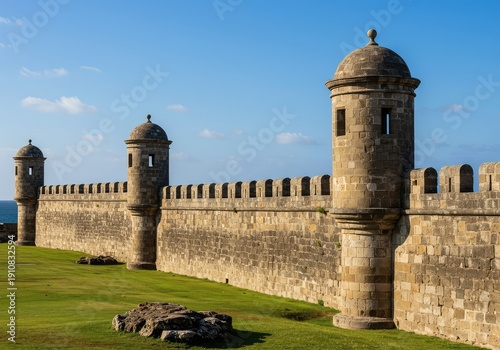 Ancient weathered stone fortifications featuring impressive defensive castellated architecture and tall lookout towers against a bright sky ,battlements ,iconic ,traditional