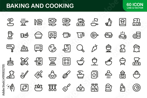 Baking and Cooking Modern Line Icon Collection. Professional clean vector icons representing kitchen utensils, meal preparation, baking ingredients, and chef essentials