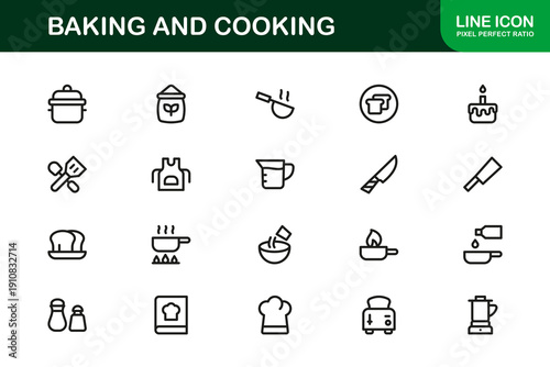 Baking and Cooking Professional Line Icon Pack. Minimal modern symbols for pastry creation, food recipes, kitchen equipment, and culinary workflow