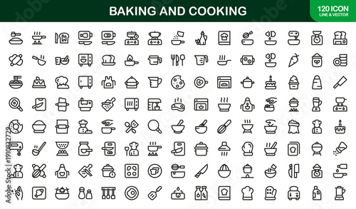 Baking and Cooking Professional Line Icon Set. Modern minimal vector symbols illustrating kitchen tools, food preparation, pastry making, and culinary concepts