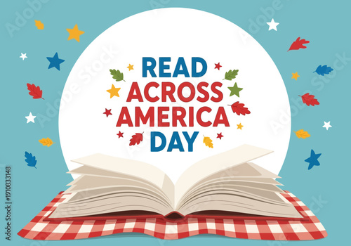 Read across america day illustration with open book and festive elements
