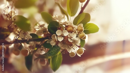 White pear tree flowers bloom beautifully in warm sunlight showcasing delicate petals and fresh green leaves during springtime