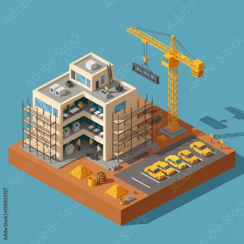 Isometric illustration of a building under construction with scaffolding and crane.