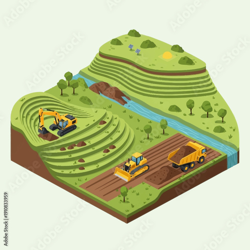 Isometric illustration of earthmoving machinery in a landscape.