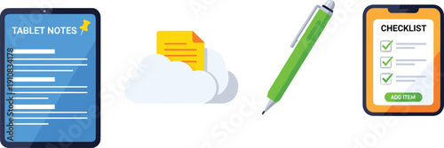 Digital productivity icons showing tablet notes cloud document pen and mobile checklist app for planning organization and task management