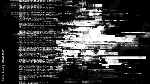Abstract glitchy black and white digital screen overlay with distorted code noise texture background