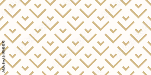 Gold and white vector geometric seamless pattern with lines, arrows, stylized fish scale grid. Simple abstract golden ornament. Modern minimal background texture. Stylish repeated geo design for print