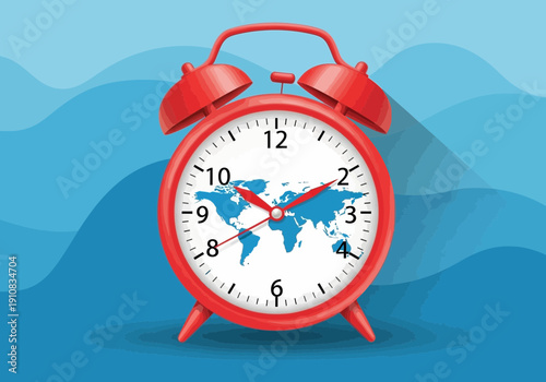 Red alarm clock with world map face on blue wavy background