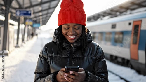Digital Connection at the Train Station: A young woman, wrapped in a warm winter coat and hat, engages with her phone at a snowy train station. Smiling.