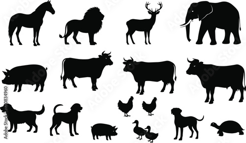 Farm and wild animal silhouette set, black vector collection including horse, lion, deer, elephant, cattle and poultry isolated on white