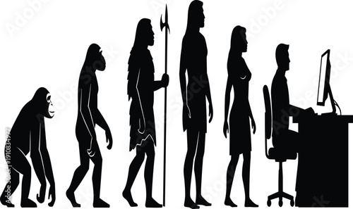 Human evolution silhouette timeline from ape to modern person: monkey, caveman with spear, primitive human, woman, man working at computer, progress concept vector illustration