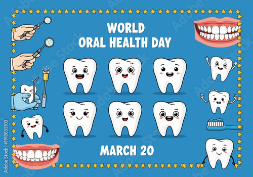 World oral health day march 20th celebration poster with cartoon teeth