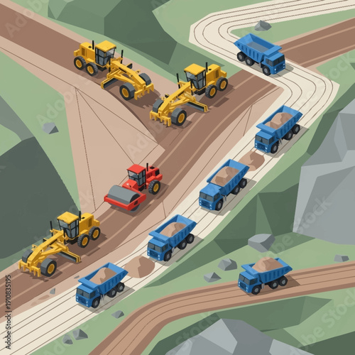 Construction Site with Heavy Machinery and Trucks.