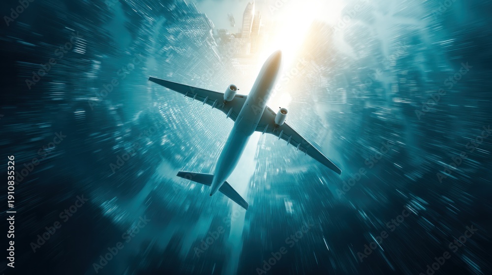 Fototapeta premium Airplane flying through abstract cityscape