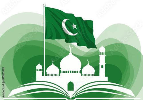 Pakistani flag waving over mosque silhouette on open book