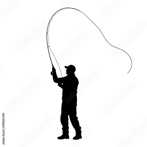 Silhouette of a Fisherman Casting a Fishing Rod in Action.