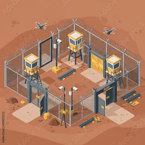 Secure prison yard with watchtowers and surveillance drones.