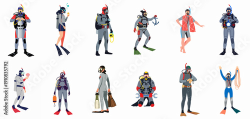 Collection of flat vector illustrations depicting professional scuba divers and snorkelers in various poses with diving equipment and accessories.