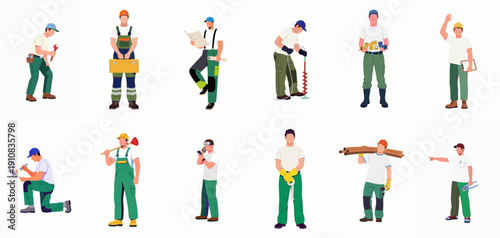 Diverse flat vector collection of construction workers, plumbers, and handymen performing maintenance, building, and repair tasks with tools and blueprints on white.