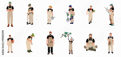 Set of vector illustrations depicting professional farmers and gardeners engaged in planting, harvesting, and agricultural maintenance tasks.