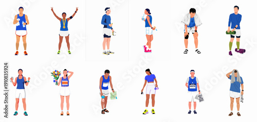 Vector set of diverse marathon runners experiencing race day moments, from victory celebration and hydration to exhaustion and recovery.