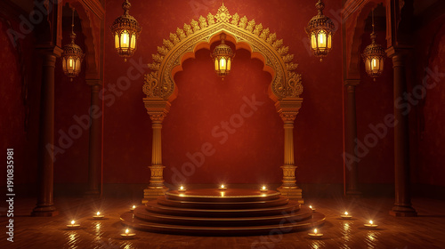 An Indian palace interior scene features a golden archway with intricate carvings and symmetrical pillars against deep red walls. Warm golden lanterns illuminate the space.