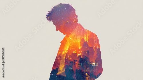 Dreamy silhouette with urban landscape in vibrant colors