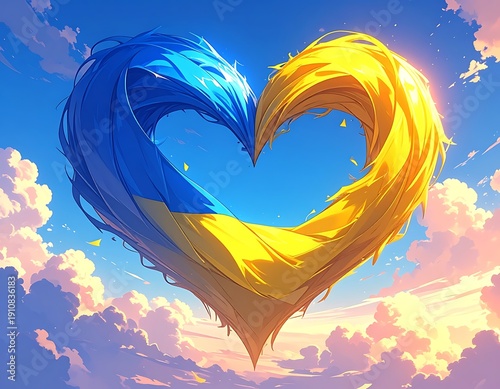 Heart-shaped swirl of blue and yellow against sunny sky with fluffy clouds