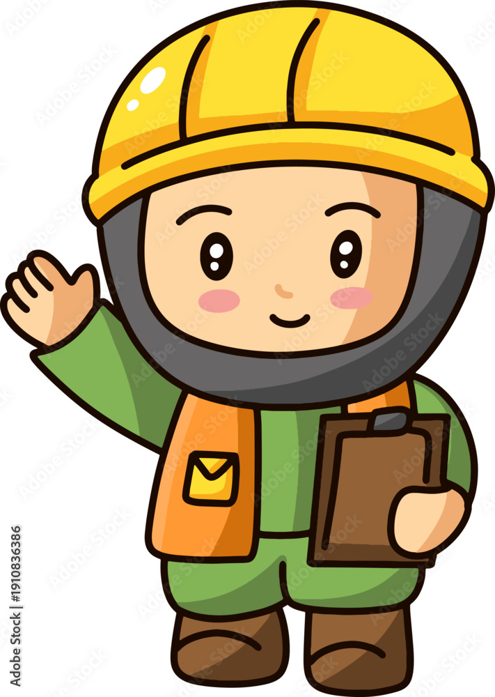 Fototapeta premium Cute Construction Worker Waving Hello Cartoon