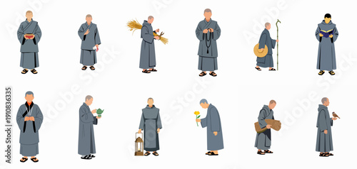A set of twelve vector illustrations showing Buddhist or Zen monks engaged in daily life, work, ritual, prayer, and study, isolated on white.