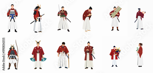 Historical Japanese Men: Samurai Warriors and Edo Period Figures in Various Poses and Traditional Attire Vector Collection.