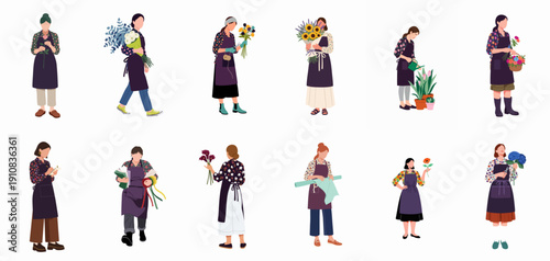 Diverse set of female florists and gardeners handling flowers, making bouquets, watering plants, and running a creative small business.