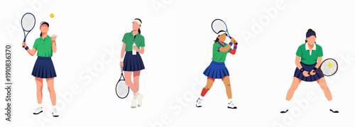 Flat illustration set of female tennis players in different actions: serving, resting, swinging, and hitting a shot, isolated on white background.
