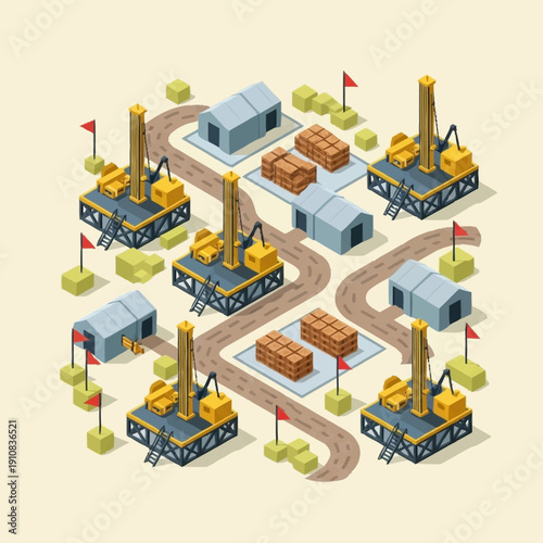 Isometric illustration of an oil drilling site with multiple rigs and storage facilities.