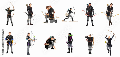 Fantasy Archers and Rangers Character Set in Dynamic Poses with Bows, Arrows, and Tactical Gear, Isolated Vector Illustration.