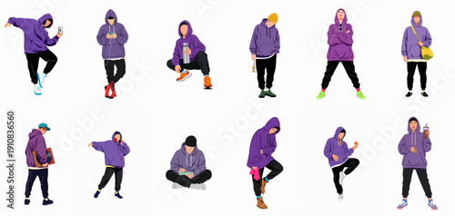 Diverse collection of young people wearing purple oversized hoodies in various casual poses, representing urban streetwear, youth culture, and modern lifestyle activities.