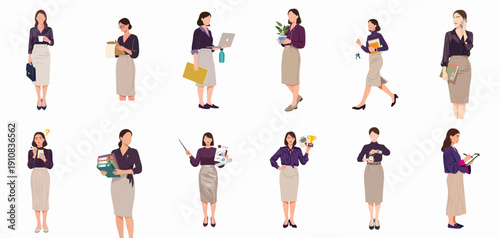 Diverse Vector Set of Businesswoman Illustrations: Corporate Tasks, Productivity, Communication, and Professional Achievement.