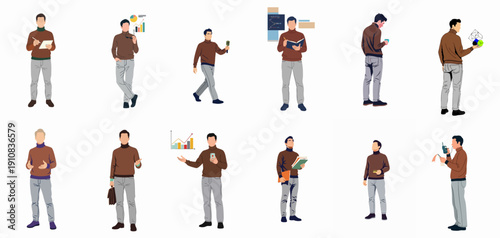 Professional men performing various tasks: data analysis, finance, technology, presentation, and intellectual work.