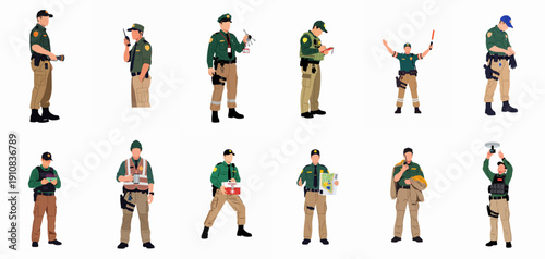 Vector illustrations of border patrol, security, or park ranger personnel in different poses and actions, isolated on white background.