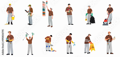 Professional facility management and janitorial staff illustrations performing diverse cleaning, maintenance, and repair services.