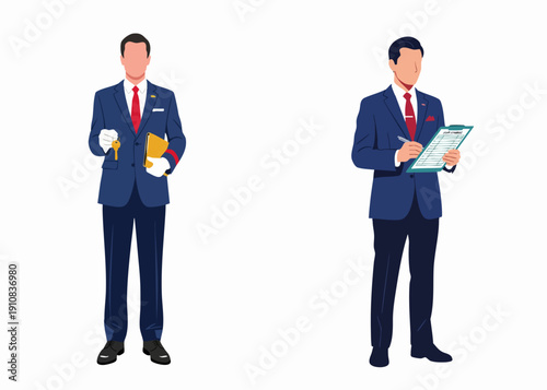 Professional Male Service Agent Illustration Set: Concierge Holding Keys and Manager Completing Checklist on White Background for Real Estate or Hospitality.