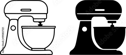 Cooking tools icon, vector illustration of stand mixer, black and white in outline and silhouette design style