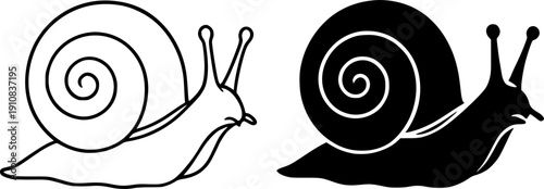 Animal icon, vector illustration of snail, black and white in outline and silhouette design style