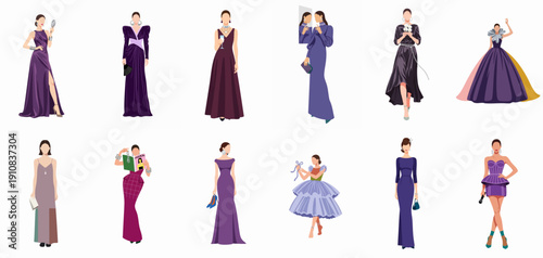 Vector set of diverse fashionable women in elegant purple and burgundy evening gowns and couture outfits, ready for a glamorous formal event or red carpet gala.