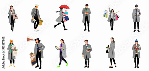 Collection of diverse modern people in gray trench coats engaging in urban daily activities, errands, and shopping.
