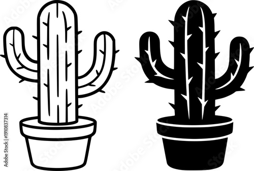 Plant icon, vector illustration of cactus, black and white in outline and silhouette design style