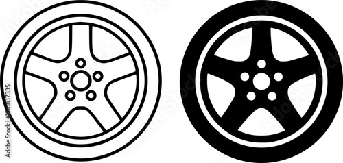 Vehicle icon, vector illustration of a wheel, black and white in outline and silhouette design style